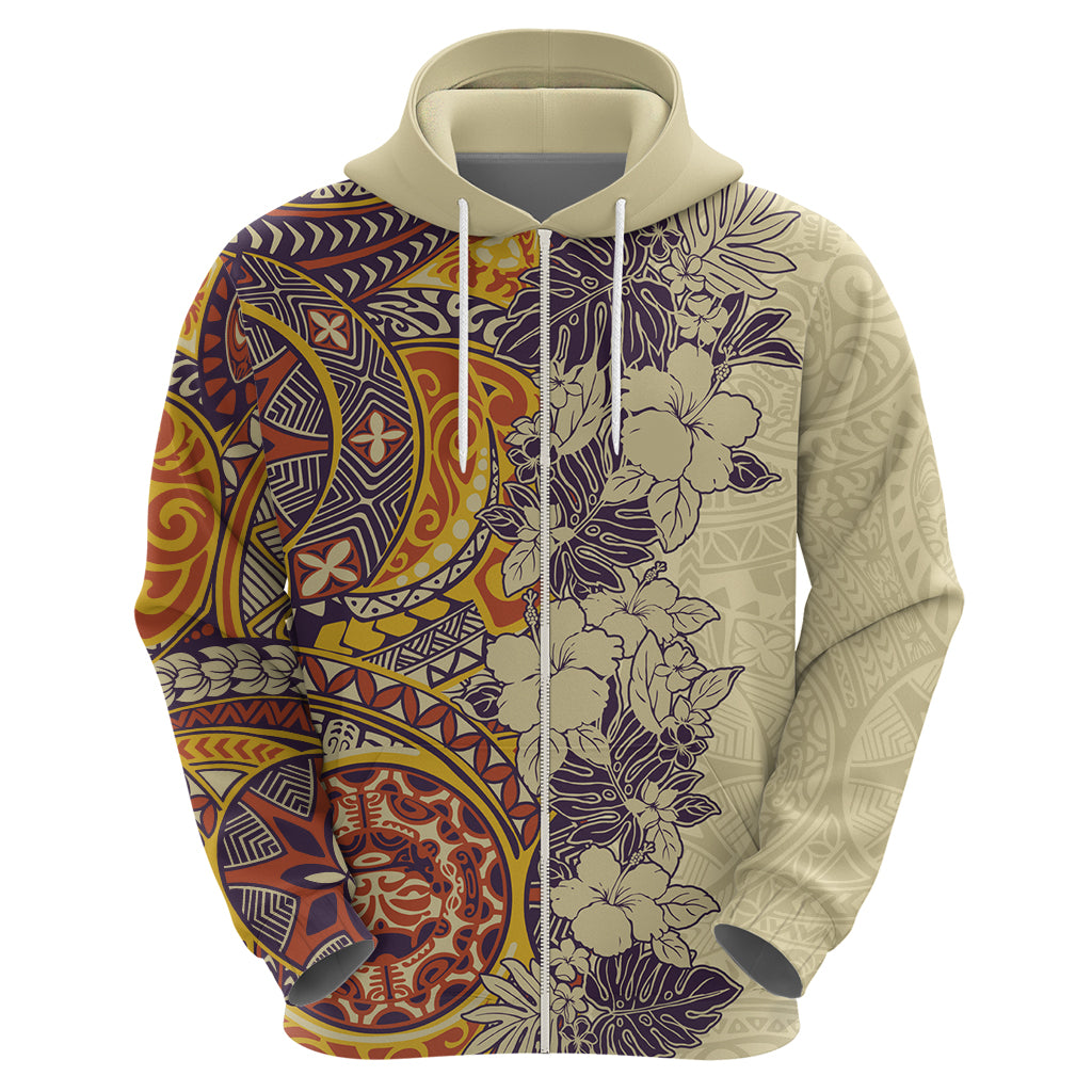 Polynesia Hoodie Hibiscus and Hawaiian Tribal Tattoo Retro Style Tan Color - Wonder Print Shop