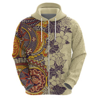 Polynesia Hoodie Hibiscus and Hawaiian Tribal Tattoo Retro Style Tan Color - Wonder Print Shop