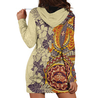Polynesia Hoodie Dress Hibiscus and Hawaiian Tribal Tattoo Retro Style Tan Color - Wonder Print Shop