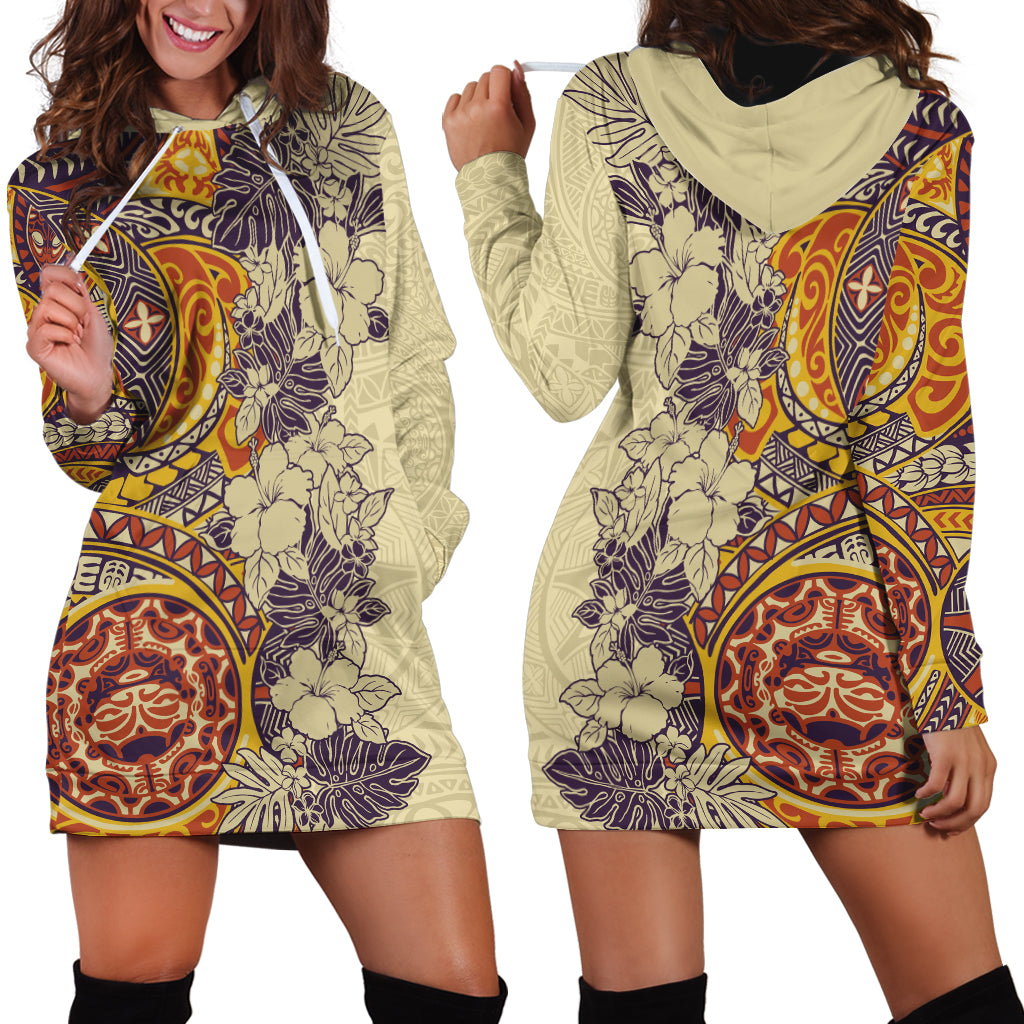 Polynesia Hoodie Dress Hibiscus and Hawaiian Tribal Tattoo Retro Style Tan Color - Wonder Print Shop