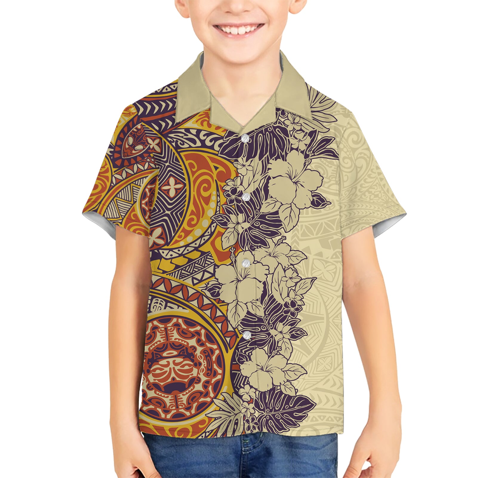 Polynesia Kid Hawaiian Shirt Hibiscus and Hawaiian Tribal Tattoo Retro Style Tan Color - Wonder Print Shop