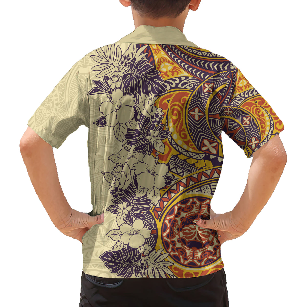Polynesia Kid Hawaiian Shirt Hibiscus and Hawaiian Tribal Tattoo Retro Style Tan Color - Wonder Print Shop