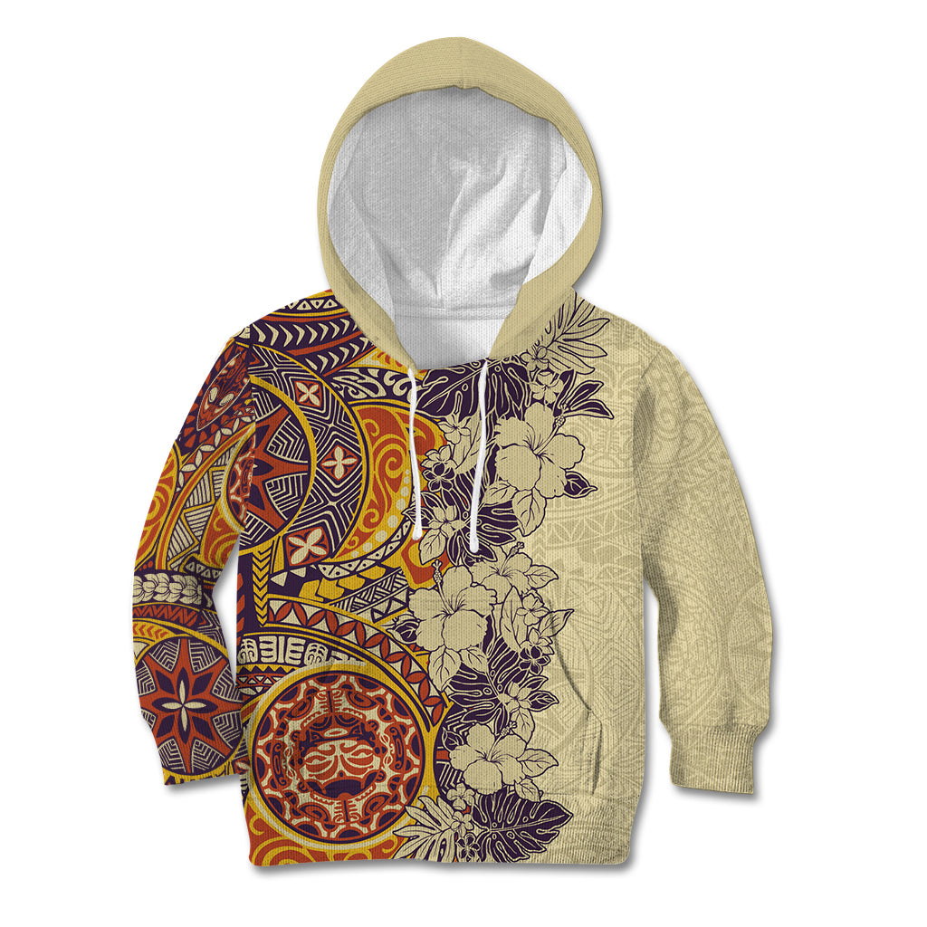 Polynesia Kid Hoodie Hibiscus and Hawaiian Tribal Tattoo Retro Style Tan Color - Wonder Print Shop