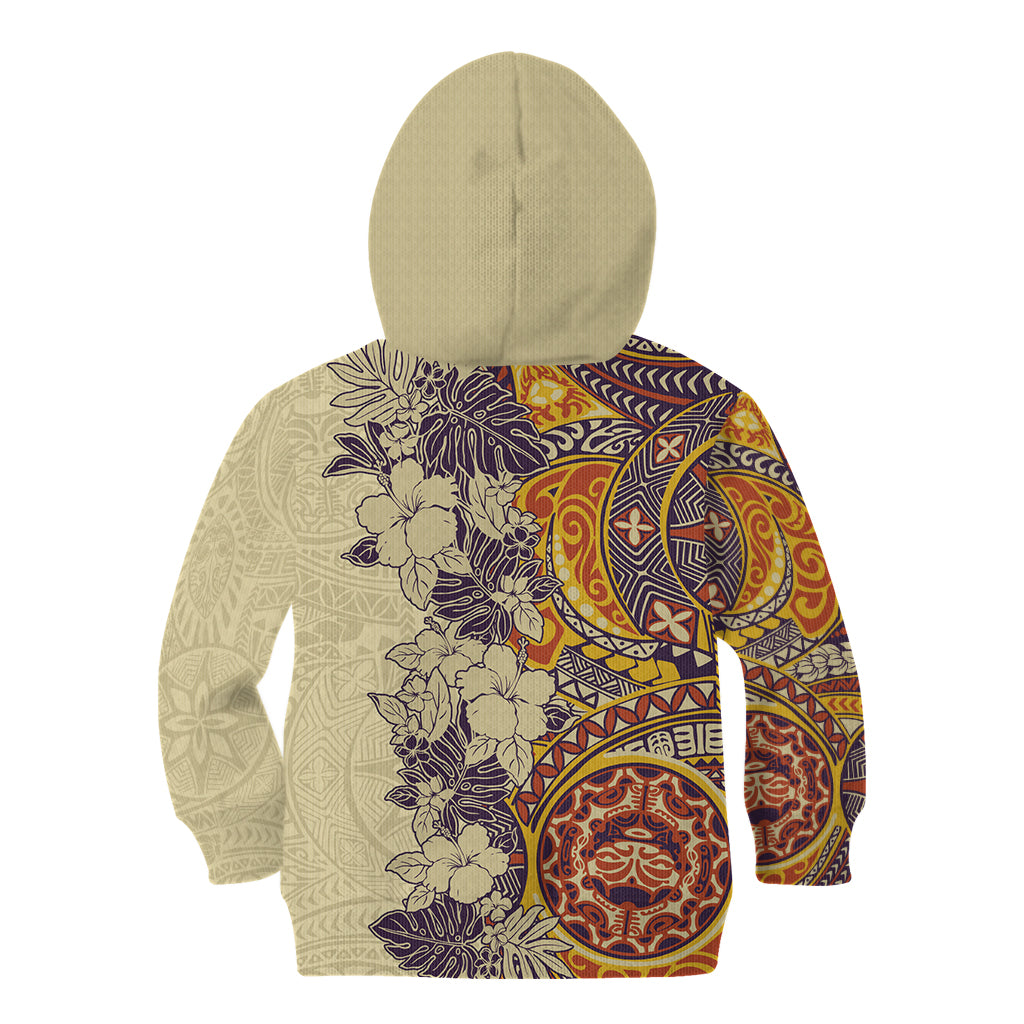 Polynesia Kid Hoodie Hibiscus and Hawaiian Tribal Tattoo Retro Style Tan Color - Wonder Print Shop