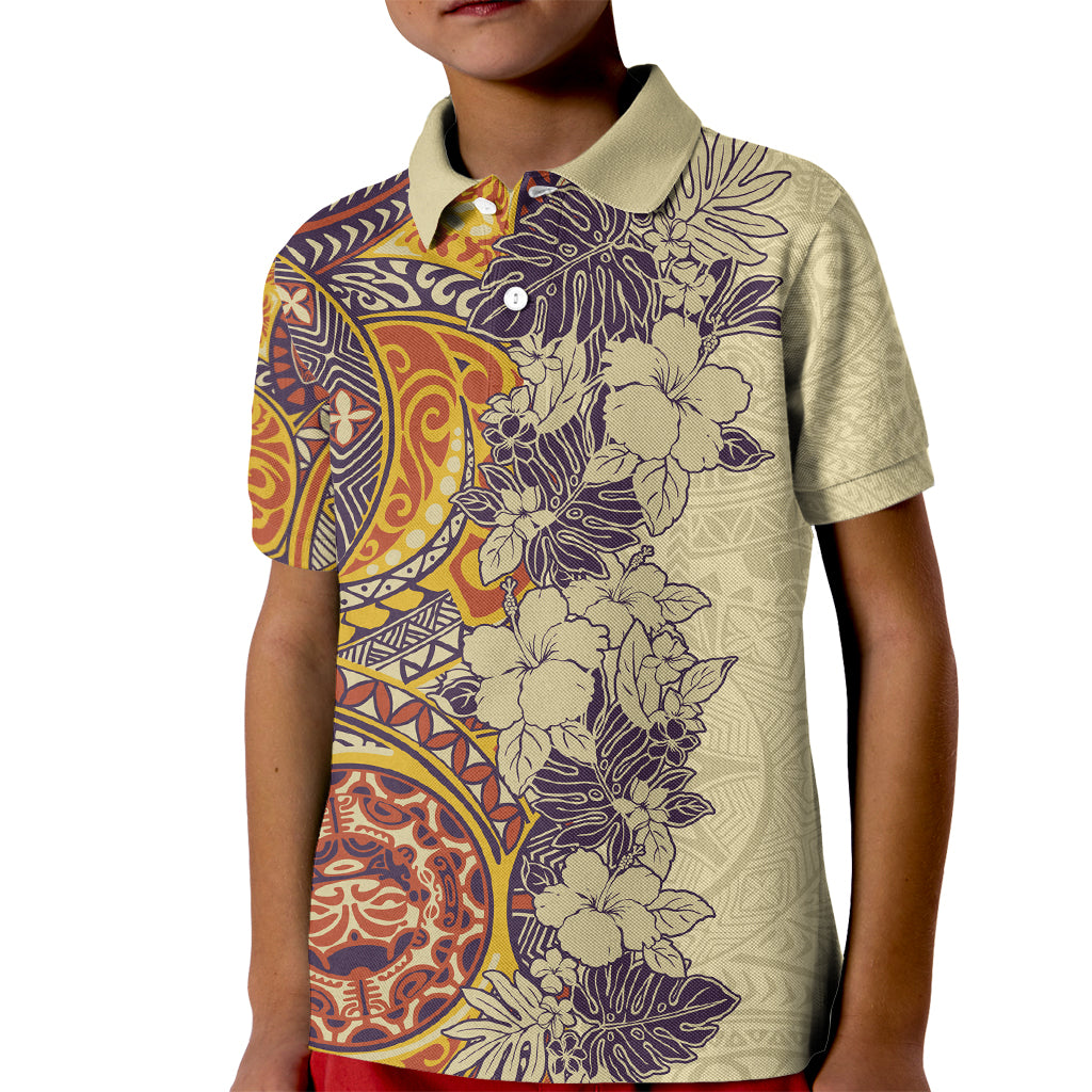 Polynesia Kid Polo Shirt Hibiscus and Hawaiian Tribal Tattoo Retro Style Tan Color - Wonder Print Shop