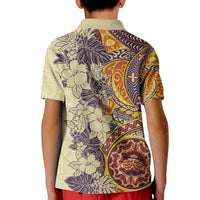 Polynesia Kid Polo Shirt Hibiscus and Hawaiian Tribal Tattoo Retro Style Tan Color - Wonder Print Shop
