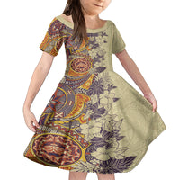 Polynesia Kid Short Sleeve Dress Hibiscus and Hawaiian Tribal Tattoo Retro Style Tan Color - Wonder Print Shop
