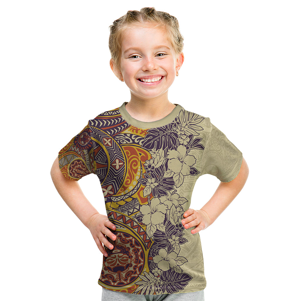Polynesia Kid T Shirt Hibiscus and Hawaiian Tribal Tattoo Retro Style Tan Color - Wonder Print Shop