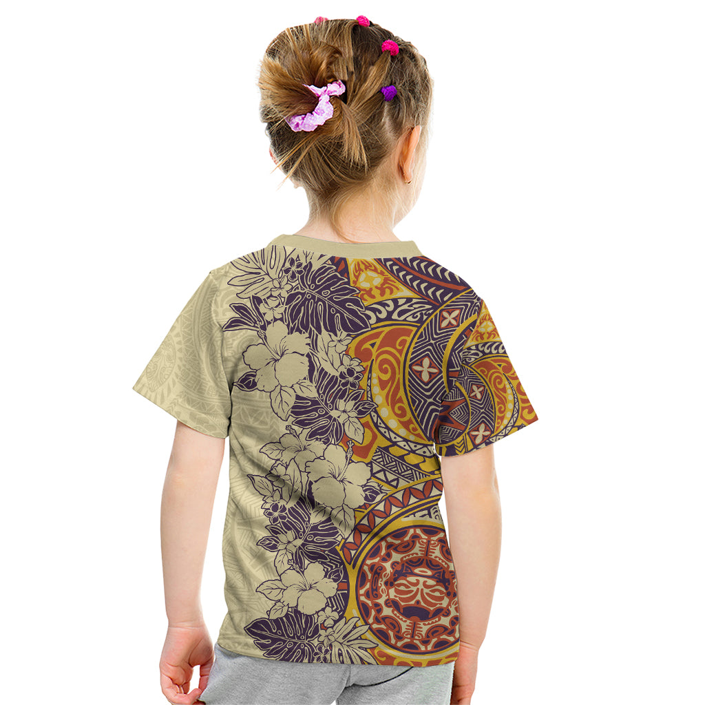 Polynesia Kid T Shirt Hibiscus and Hawaiian Tribal Tattoo Retro Style Tan Color - Wonder Print Shop