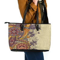 Polynesia Leather Tote Bag Hibiscus and Hawaiian Tribal Tattoo Retro Style Tan Color - Wonder Print Shop