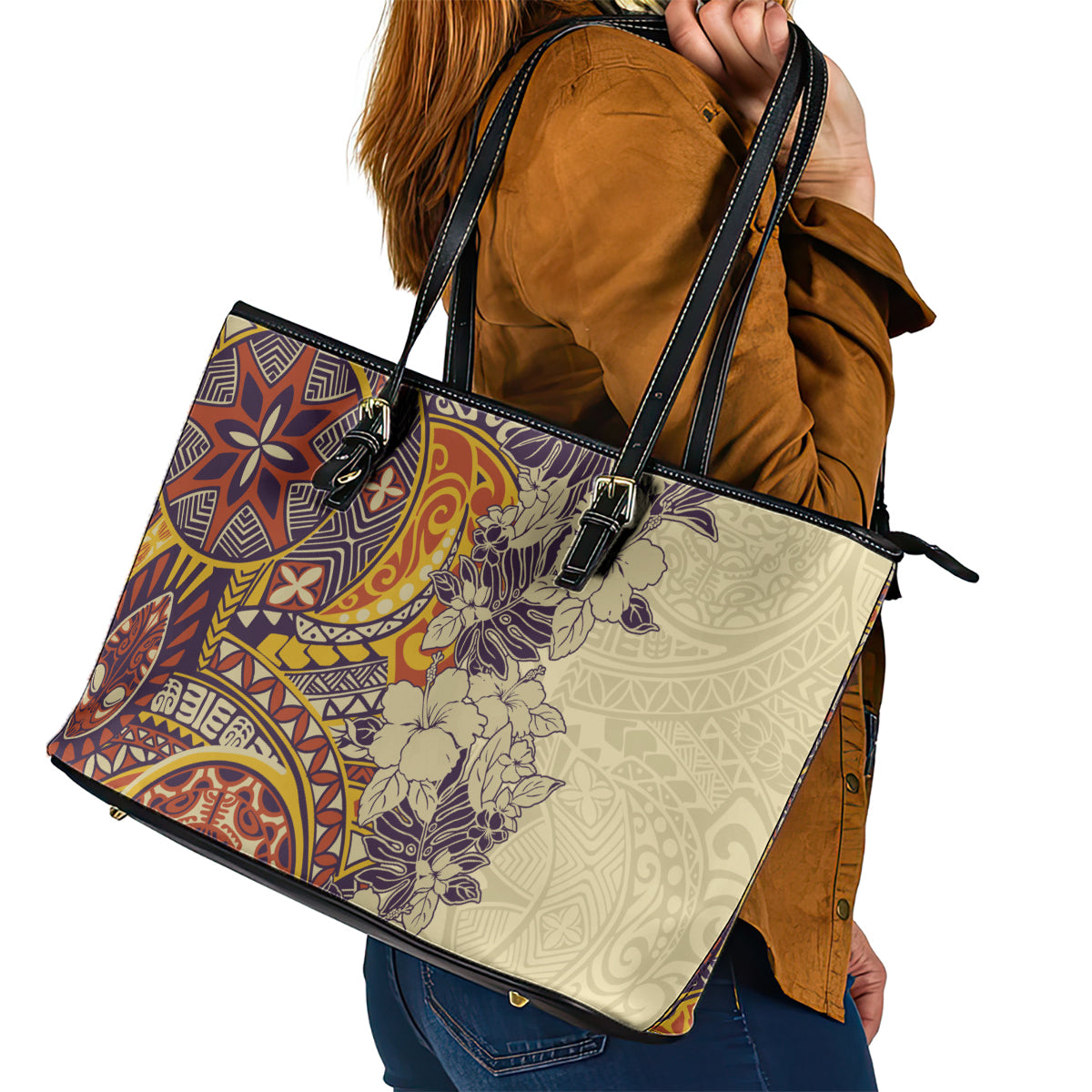 Polynesia Leather Tote Bag Hibiscus and Hawaiian Tribal Tattoo Retro Style Tan Color - Wonder Print Shop