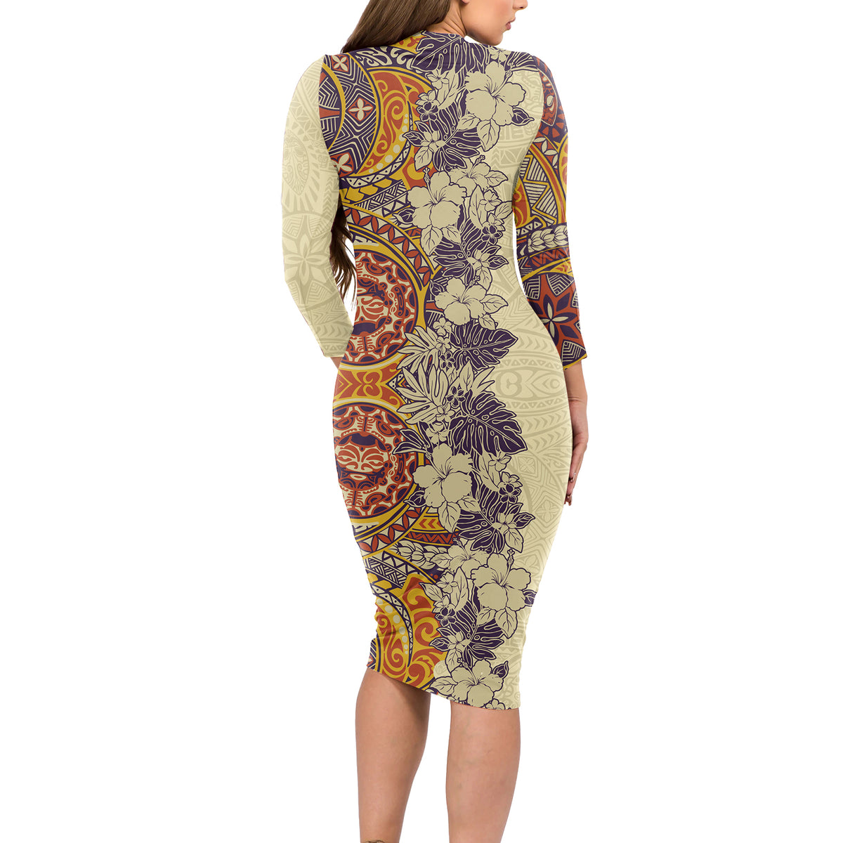 Polynesia Long Sleeve Bodycon Dress Hibiscus and Hawaiian Tribal Tattoo Retro Style Tan Color - Wonder Print Shop