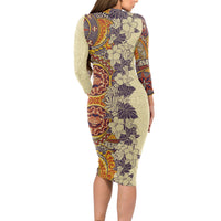 Polynesia Long Sleeve Bodycon Dress Hibiscus and Hawaiian Tribal Tattoo Retro Style Tan Color - Wonder Print Shop