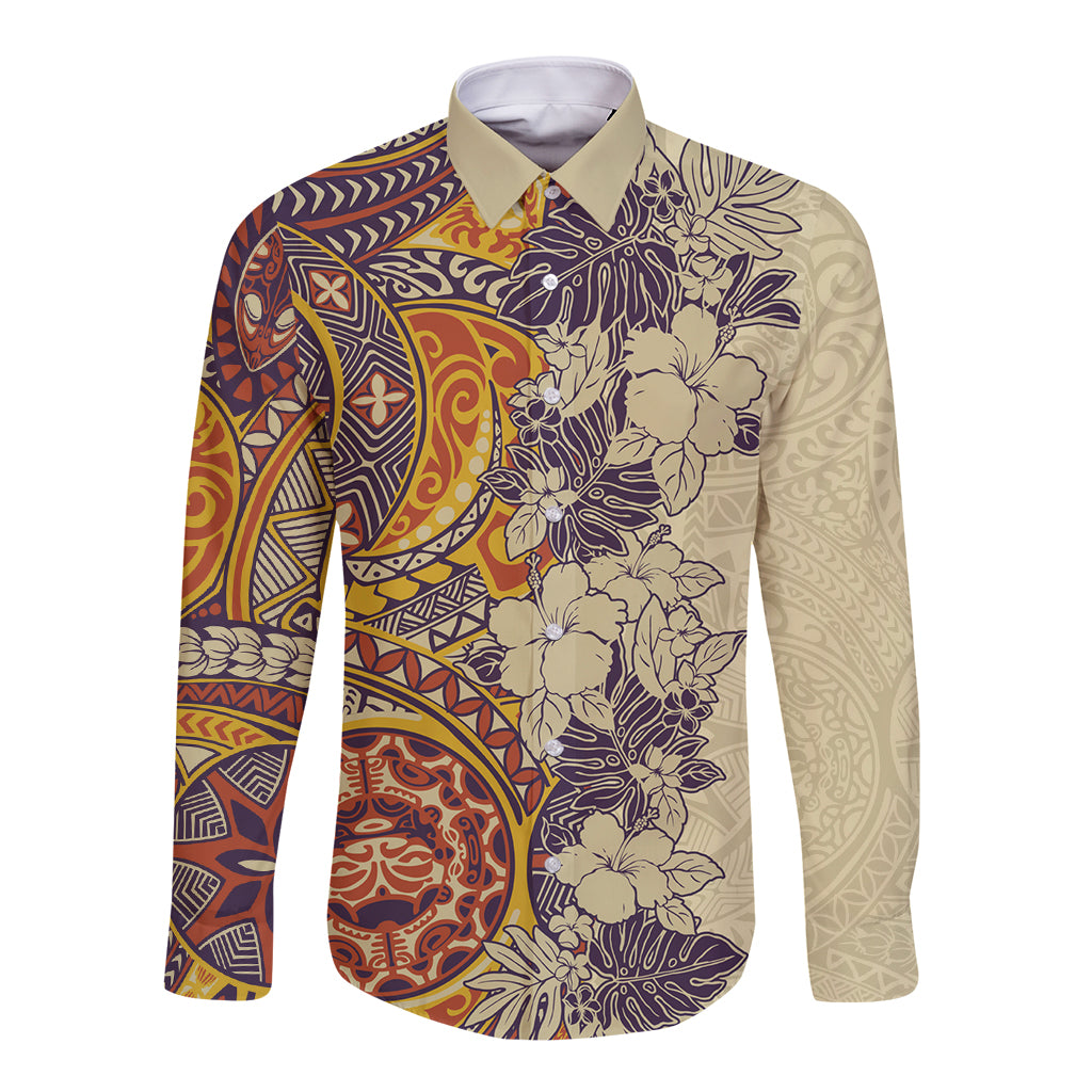 Polynesia Long Sleeve Button Shirt Hibiscus and Hawaiian Tribal Tattoo Retro Style Tan Color - Wonder Print Shop