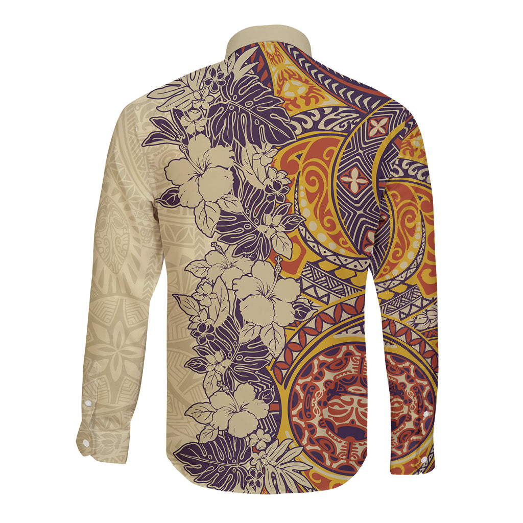 Polynesia Long Sleeve Button Shirt Hibiscus and Hawaiian Tribal Tattoo Retro Style Tan Color - Wonder Print Shop