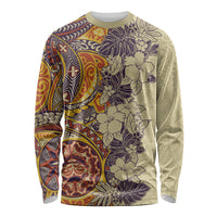 Polynesia Long Sleeve Shirt Hibiscus and Hawaiian Tribal Tattoo Retro Style Tan Color - Wonder Print Shop