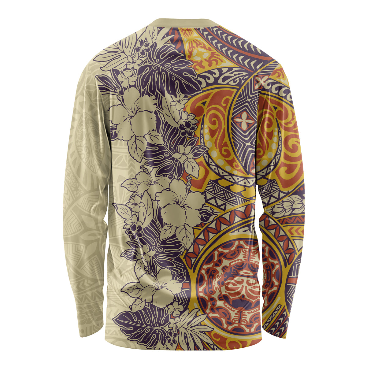 Polynesia Long Sleeve Shirt Hibiscus and Hawaiian Tribal Tattoo Retro Style Tan Color - Wonder Print Shop