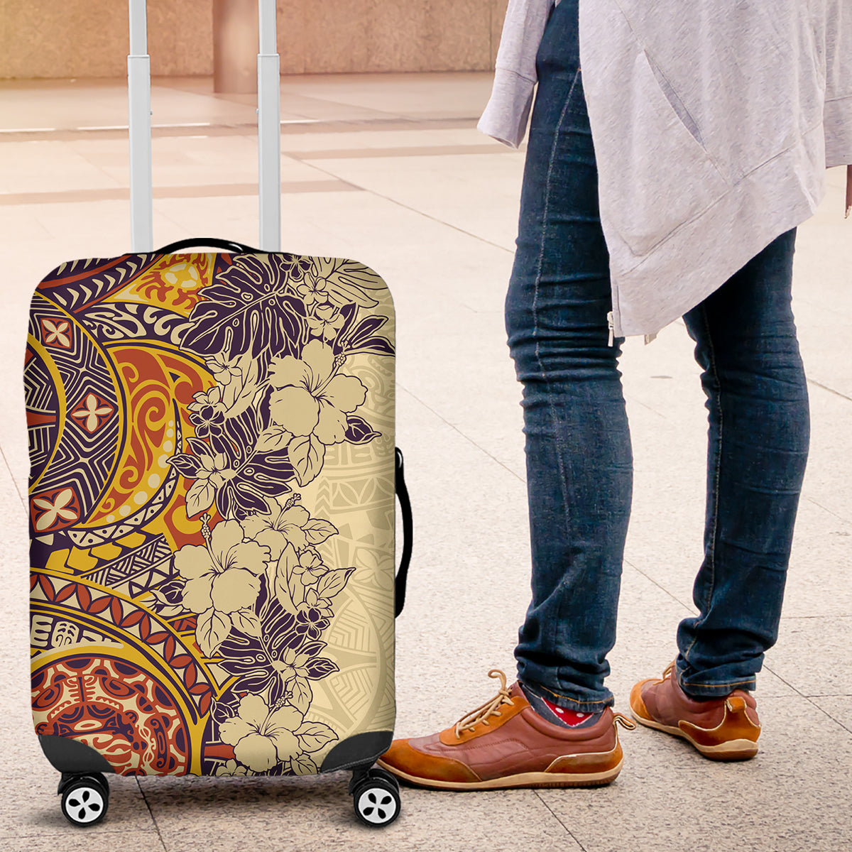 Polynesia Luggage Cover Hibiscus and Hawaiian Tribal Tattoo Retro Style Tan Color - Wonder Print Shop