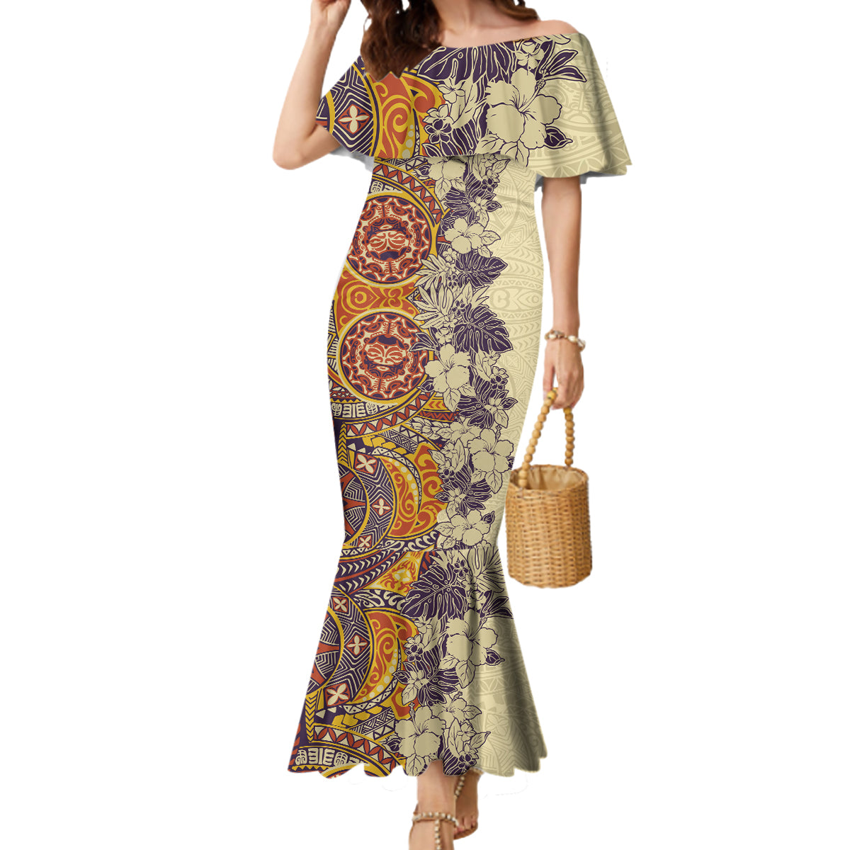 Polynesia Mermaid Dress Hibiscus and Hawaiian Tribal Tattoo Retro Style Tan Color - Wonder Print Shop