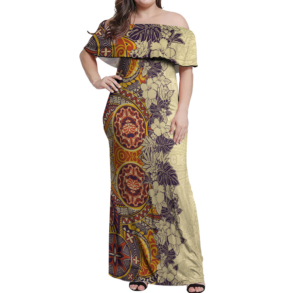 Polynesia Off Shoulder Maxi Dress Hibiscus and Hawaiian Tribal Tattoo Retro Style Tan Color - Wonder Print Shop