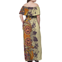 Polynesia Off Shoulder Maxi Dress Hibiscus and Hawaiian Tribal Tattoo Retro Style Tan Color - Wonder Print Shop