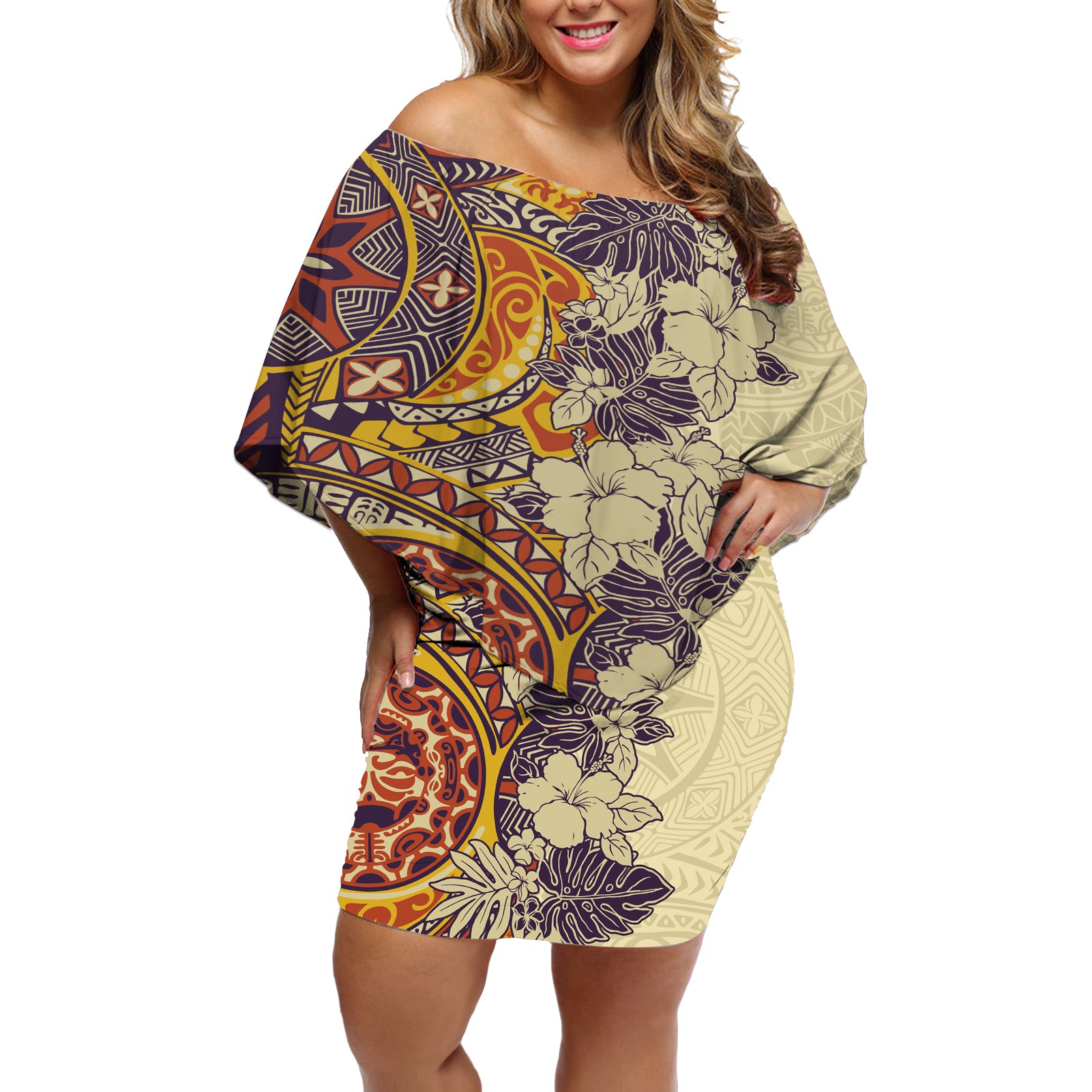 Polynesia Off Shoulder Short Dress Hibiscus and Hawaiian Tribal Tattoo Retro Style Tan Color - Wonder Print Shop
