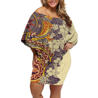 Polynesia Off Shoulder Short Dress Hibiscus and Hawaiian Tribal Tattoo Retro Style Tan Color - Wonder Print Shop