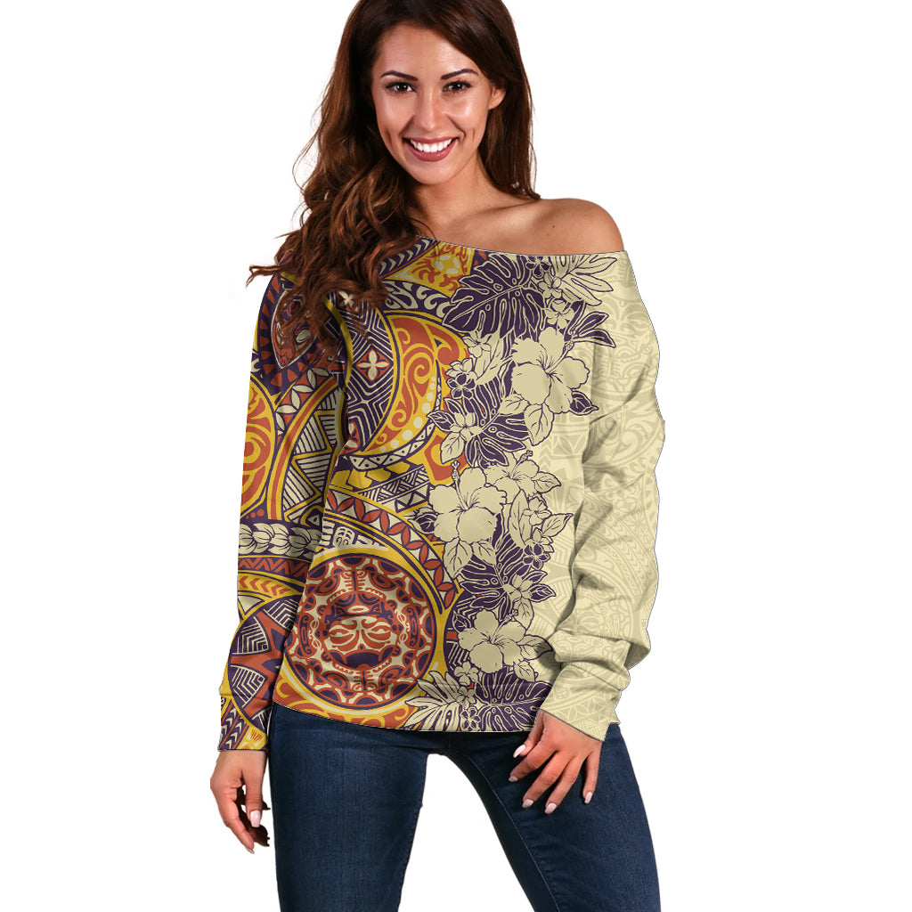 Polynesia Off Shoulder Sweater Hibiscus and Hawaiian Tribal Tattoo Retro Style Tan Color - Wonder Print Shop