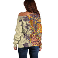 Polynesia Off Shoulder Sweater Hibiscus and Hawaiian Tribal Tattoo Retro Style Tan Color - Wonder Print Shop