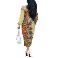 Polynesia Off The Shoulder Long Sleeve Dress Hibiscus and Hawaiian Tribal Tattoo Retro Style Tan Color - Wonder Print Shop