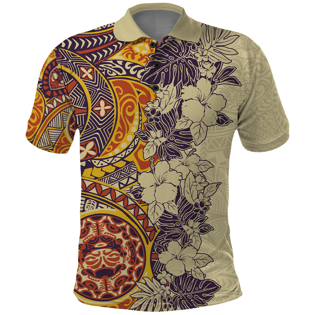 Polynesia Polo Shirt Hibiscus and Hawaiian Tribal Tattoo Retro Style Tan Color - Wonder Print Shop