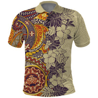 Polynesia Polo Shirt Hibiscus and Hawaiian Tribal Tattoo Retro Style Tan Color - Wonder Print Shop