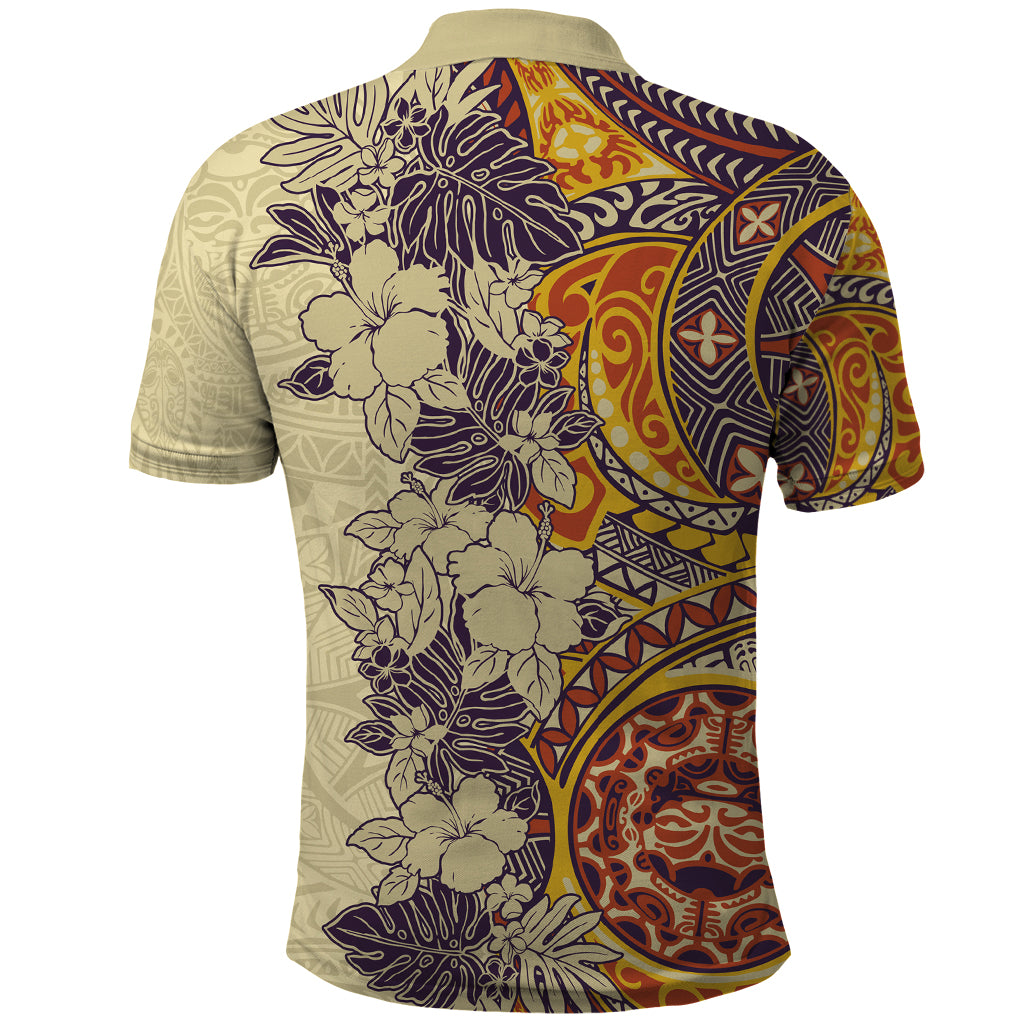 Polynesia Polo Shirt Hibiscus and Hawaiian Tribal Tattoo Retro Style Tan Color - Wonder Print Shop