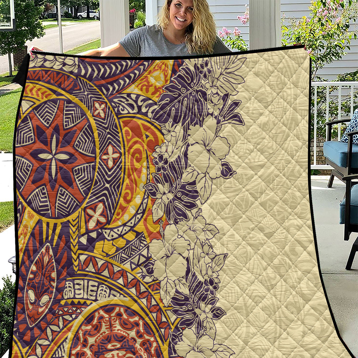 Polynesia Quilt Hibiscus and Hawaiian Tribal Tattoo Retro Style Tan Color - Wonder Print Shop