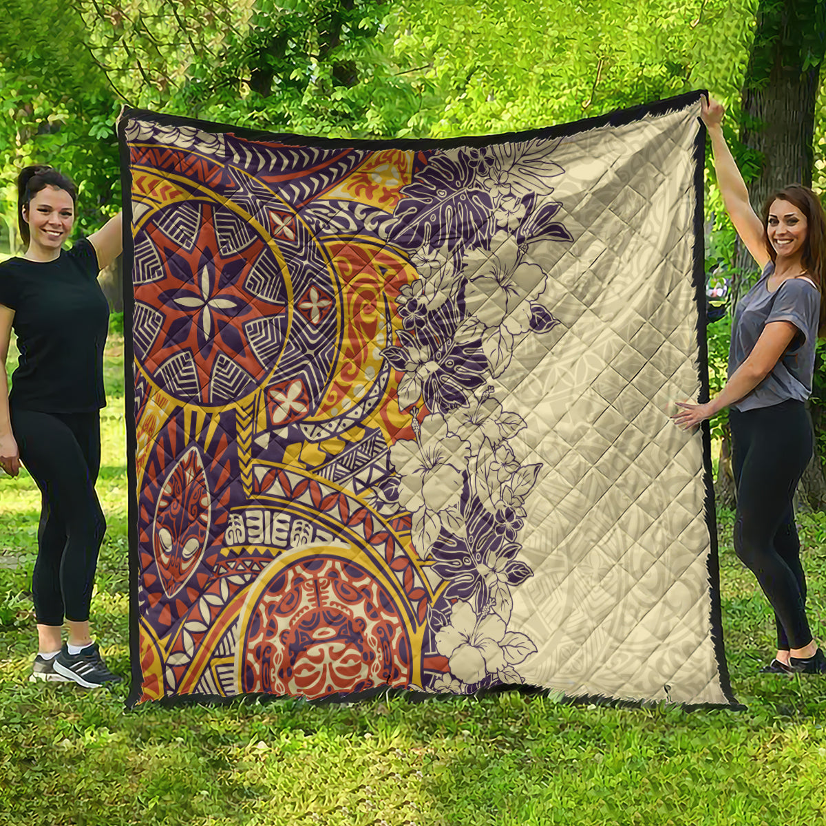 Polynesia Quilt Hibiscus and Hawaiian Tribal Tattoo Retro Style Tan Color - Wonder Print Shop