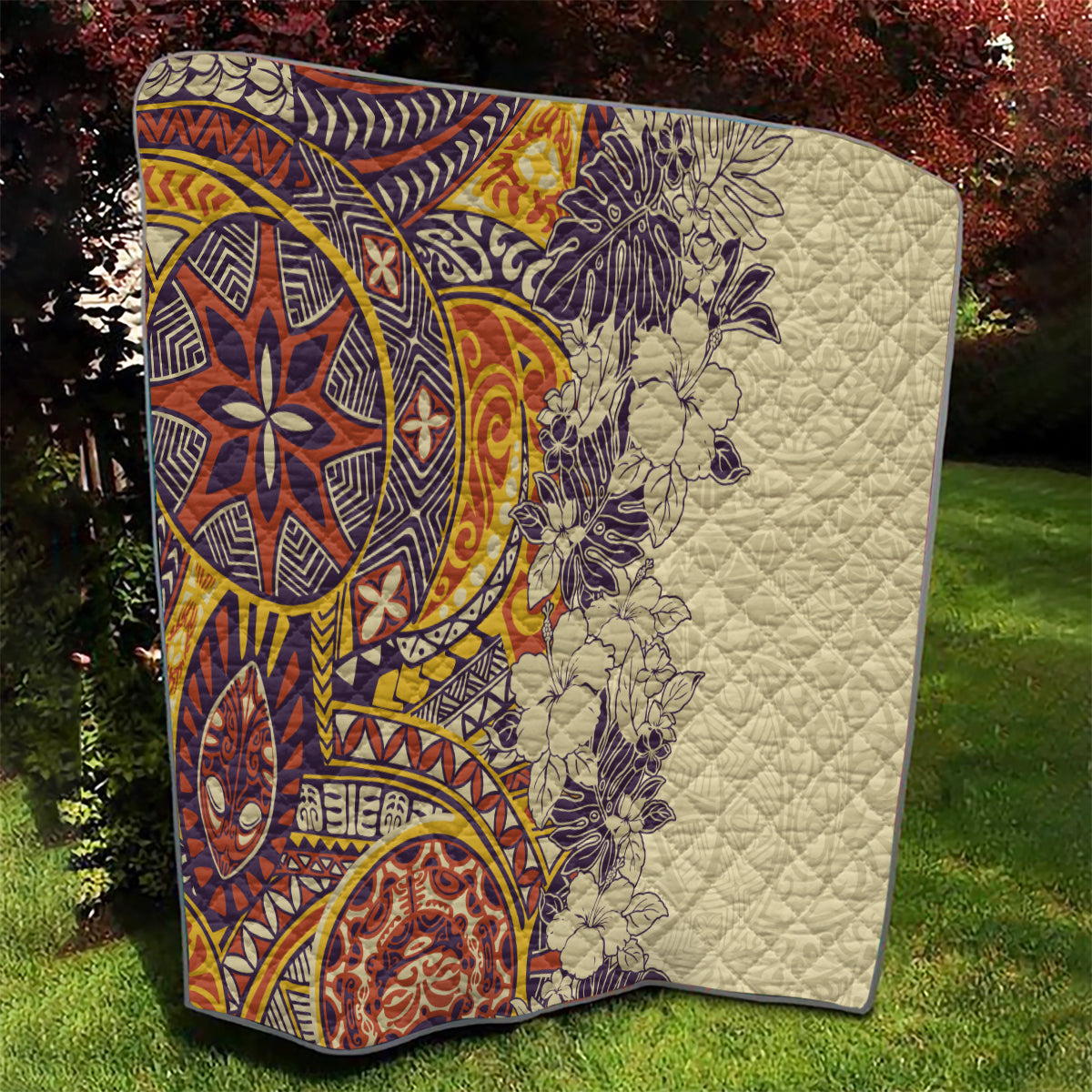 Polynesia Quilt Hibiscus and Hawaiian Tribal Tattoo Retro Style Tan Color - Wonder Print Shop
