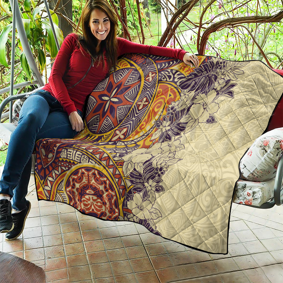 Polynesia Quilt Hibiscus and Hawaiian Tribal Tattoo Retro Style Tan Color - Wonder Print Shop