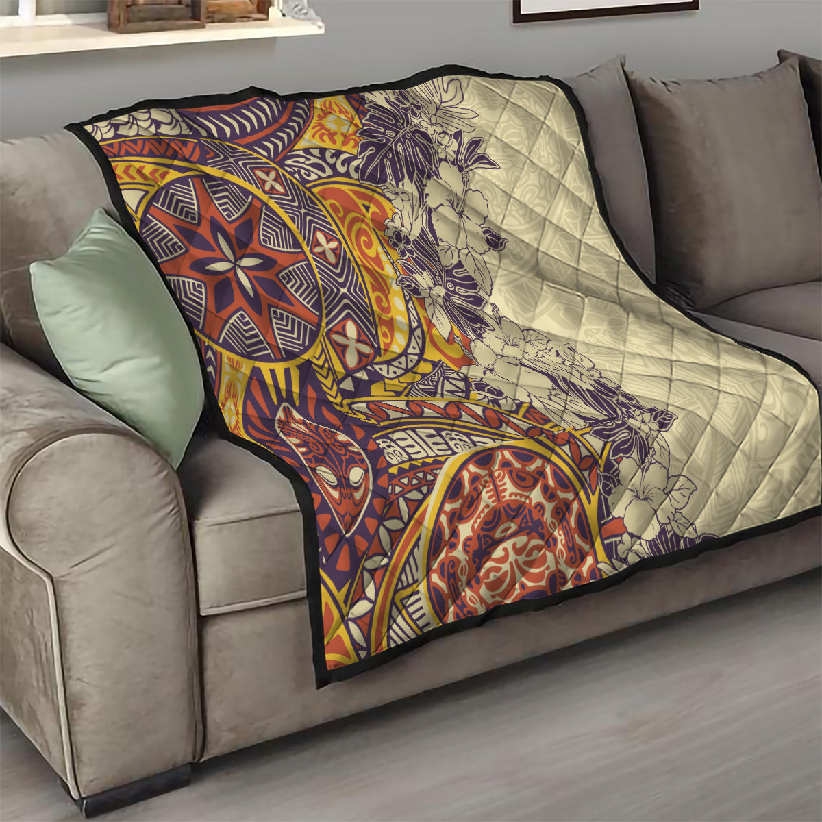 Polynesia Quilt Hibiscus and Hawaiian Tribal Tattoo Retro Style Tan Color - Wonder Print Shop