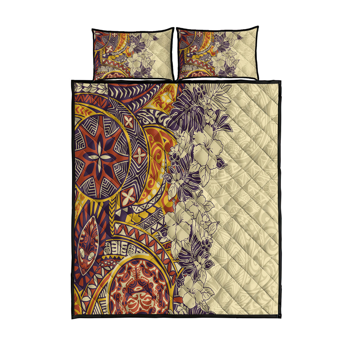 Polynesia Quilt Bed Set Hibiscus and Hawaiian Tribal Tattoo Retro Style Tan Color - Wonder Print Shop