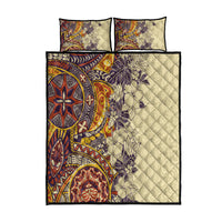 Polynesia Quilt Bed Set Hibiscus and Hawaiian Tribal Tattoo Retro Style Tan Color - Wonder Print Shop