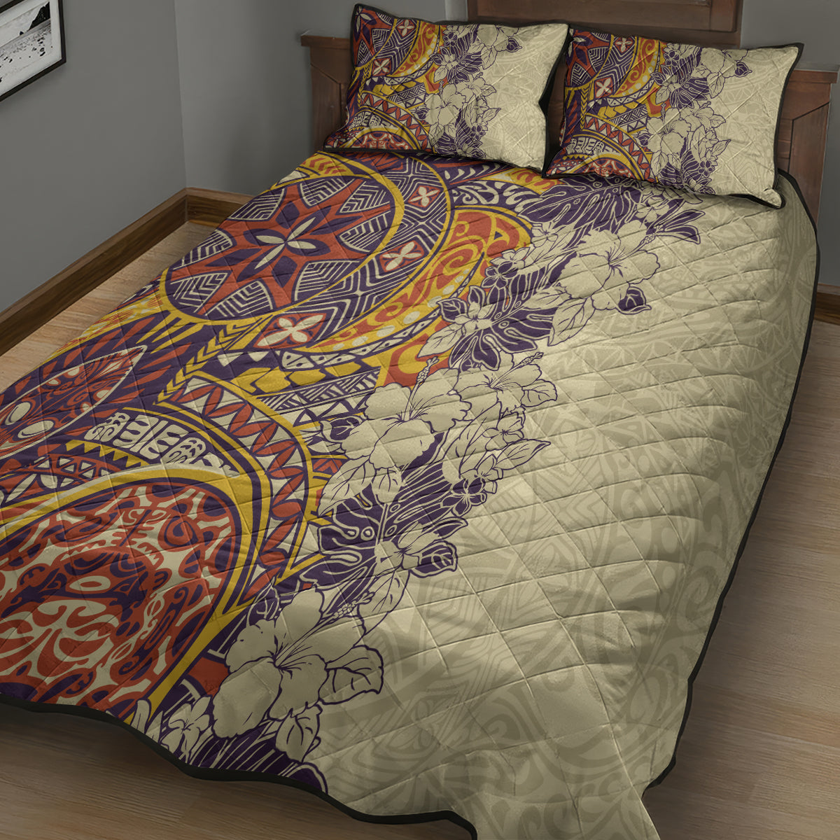 Polynesia Quilt Bed Set Hibiscus and Hawaiian Tribal Tattoo Retro Style Tan Color - Wonder Print Shop