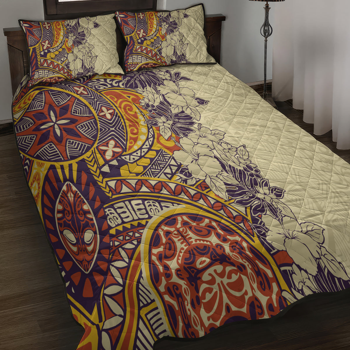 Polynesia Quilt Bed Set Hibiscus and Hawaiian Tribal Tattoo Retro Style Tan Color - Wonder Print Shop