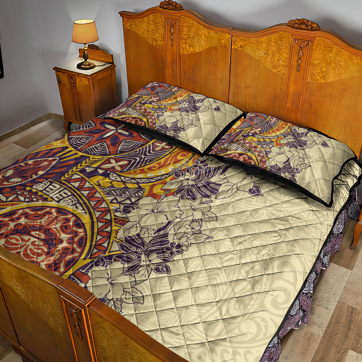 Polynesia Quilt Bed Set Hibiscus and Hawaiian Tribal Tattoo Retro Style Tan Color - Wonder Print Shop