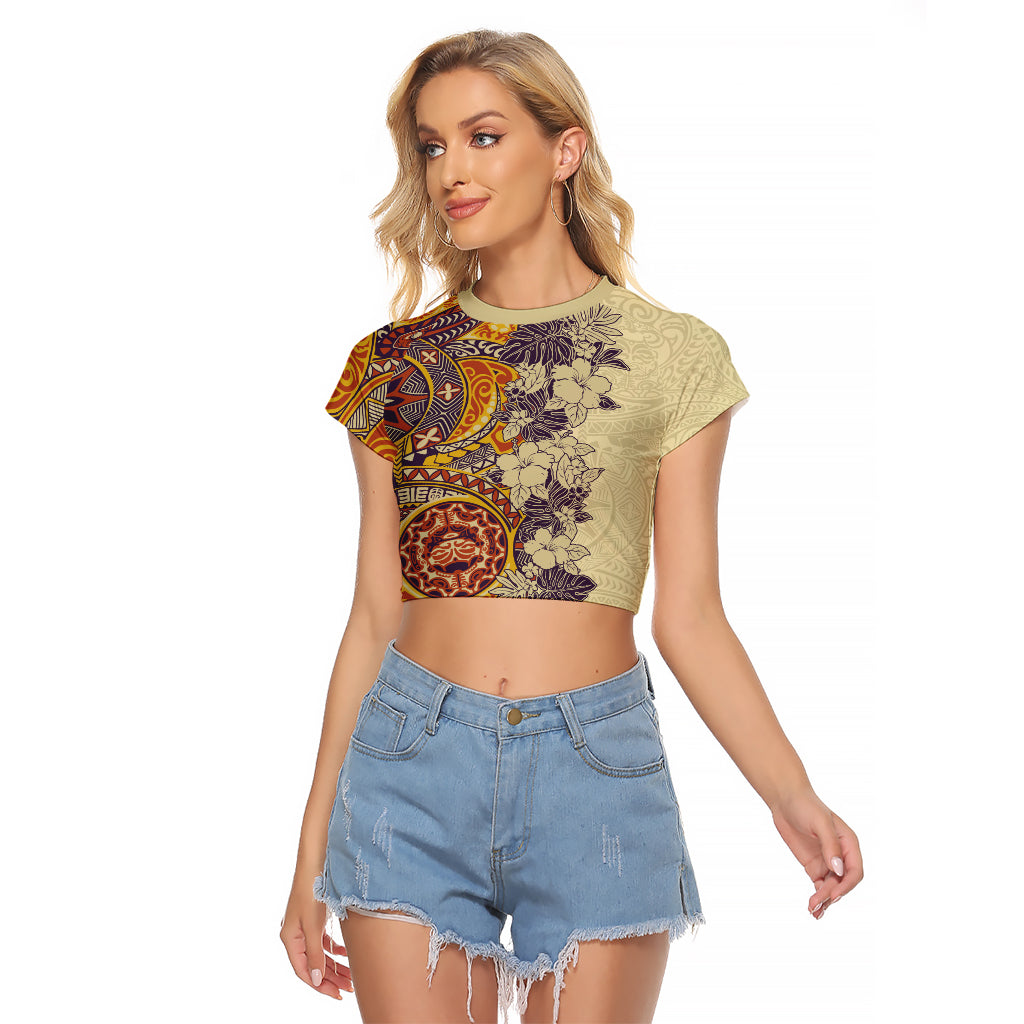 Polynesia Raglan Cropped T Shirt Hibiscus and Hawaiian Tribal Tattoo Retro Style Tan Color - Wonder Print Shop