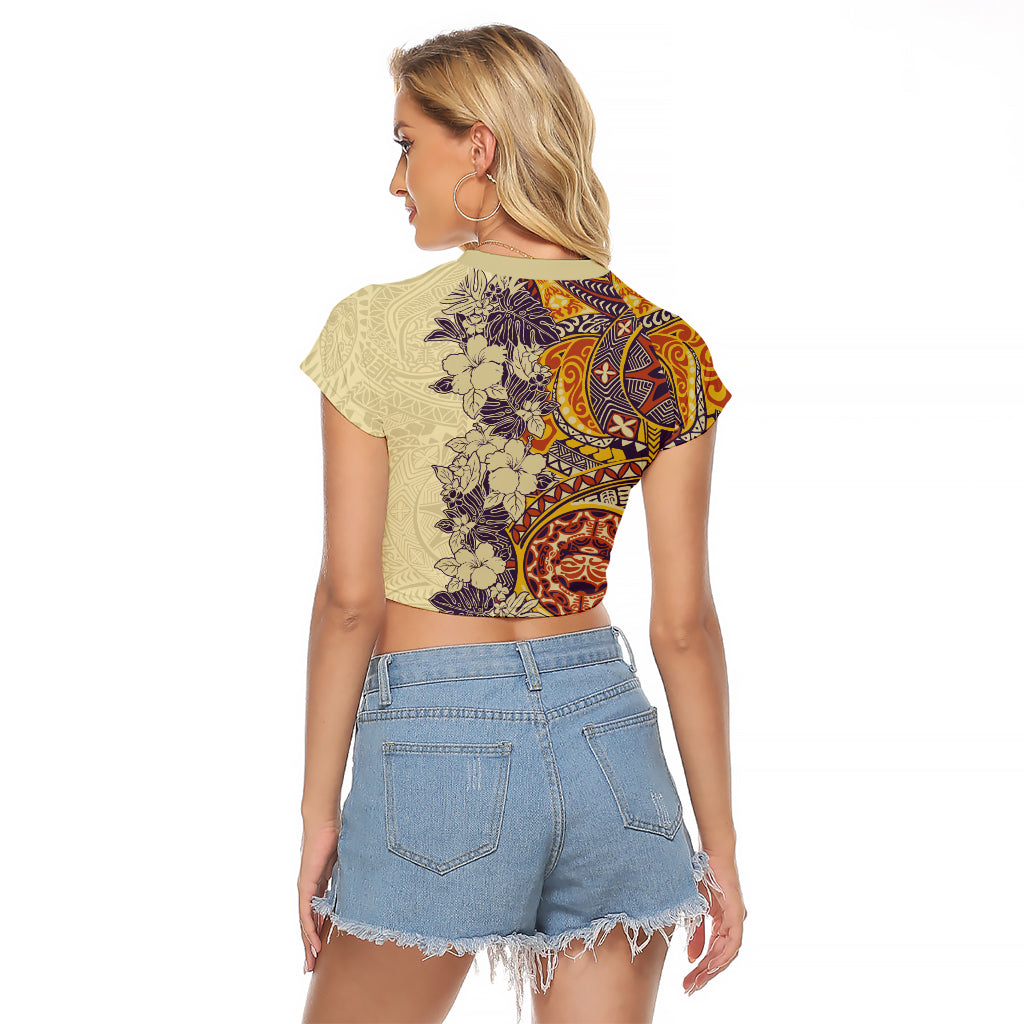 Polynesia Raglan Cropped T Shirt Hibiscus and Hawaiian Tribal Tattoo Retro Style Tan Color - Wonder Print Shop
