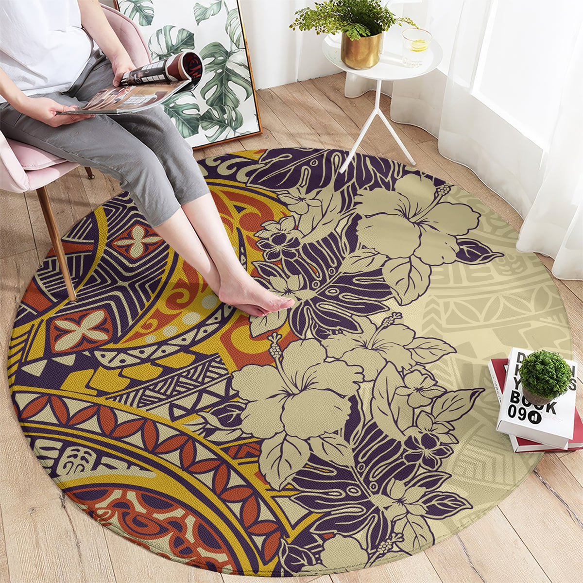 polynesia-round-carpet-hibiscus-and-hawaiian-tribal-tattoo-retro-style-tan-color