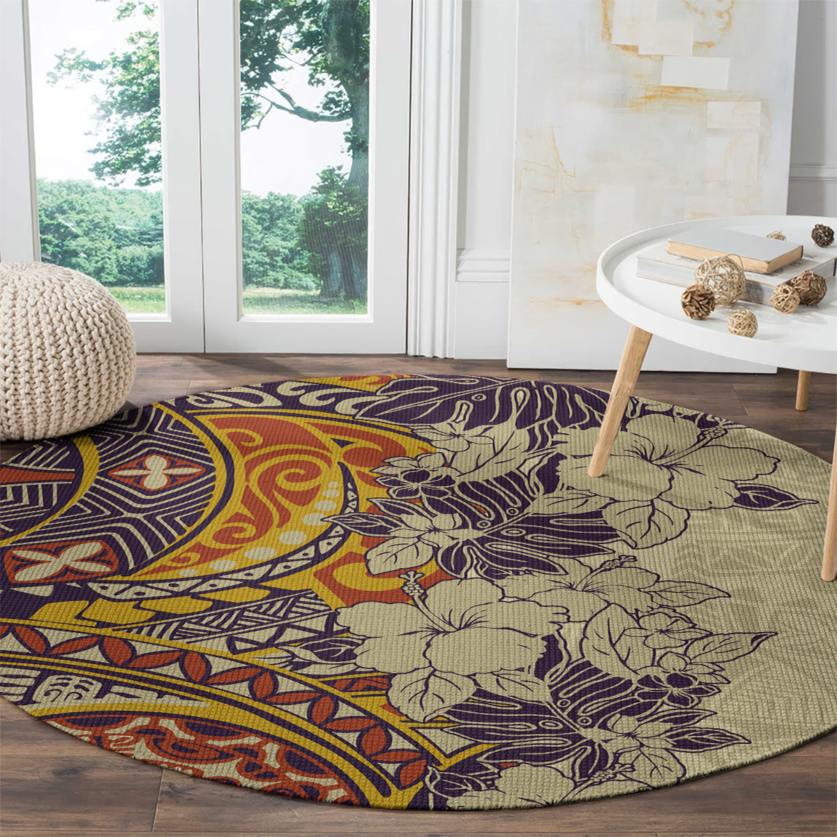 polynesia-round-carpet-hibiscus-and-hawaiian-tribal-tattoo-retro-style-tan-color