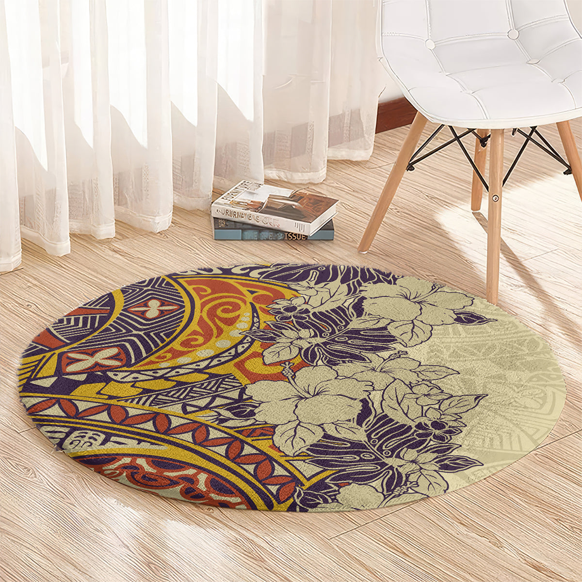 polynesia-round-carpet-hibiscus-and-hawaiian-tribal-tattoo-retro-style-tan-color
