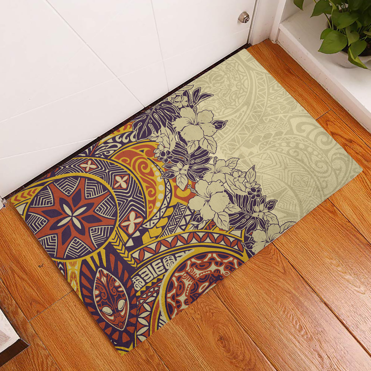 Polynesia Rubber Doormat Hibiscus and Hawaiian Tribal Tattoo Retro Style Tan Color - Wonder Print Shop