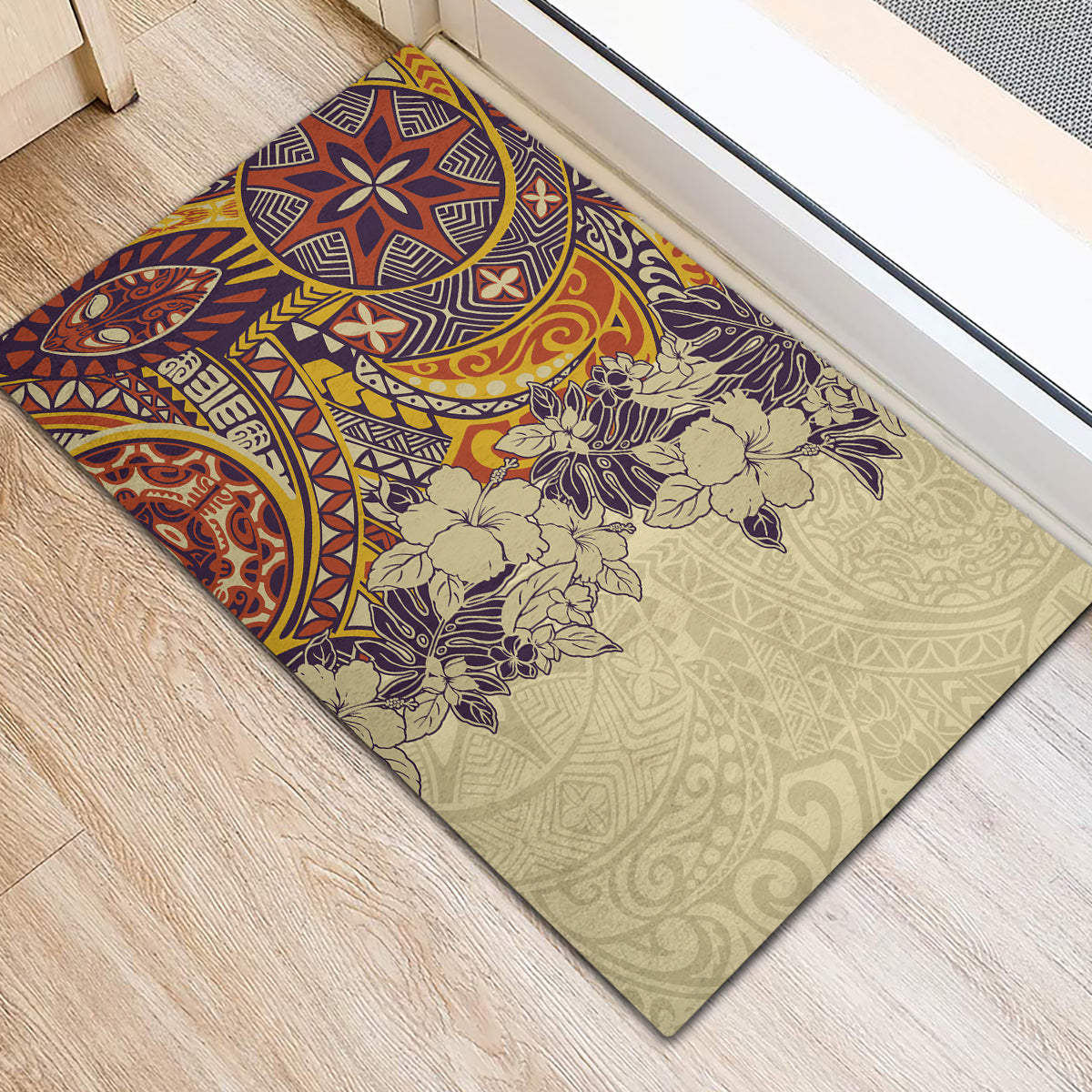 Polynesia Rubber Doormat Hibiscus and Hawaiian Tribal Tattoo Retro Style Tan Color - Wonder Print Shop